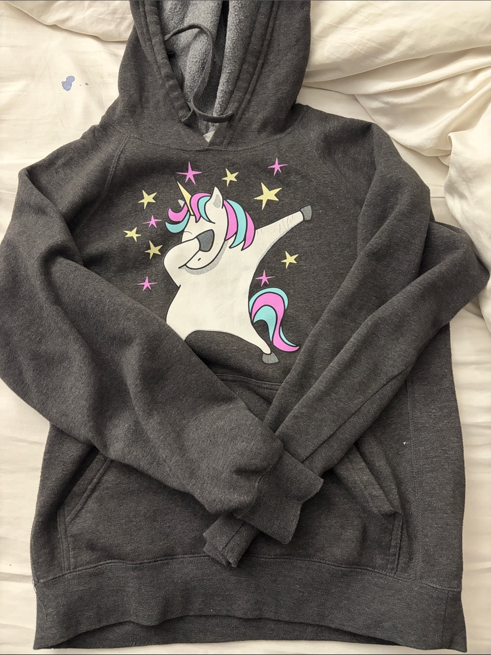 Dark Gray Hoodie with Dabbing Unicorn Graphic - Pink & Aqua Accents
